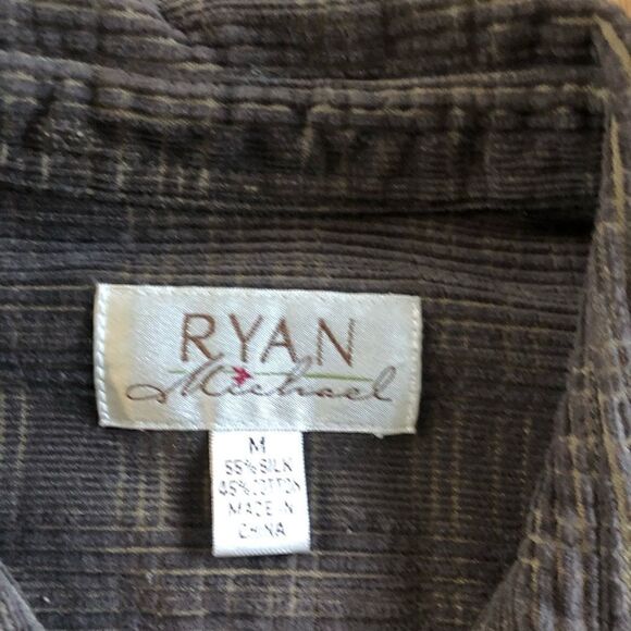 Ryan Michael Shirt Plaid Men's Button-Up Brown Textured  Mens SZ MED Silk/Cotton - Picture 2 of 6